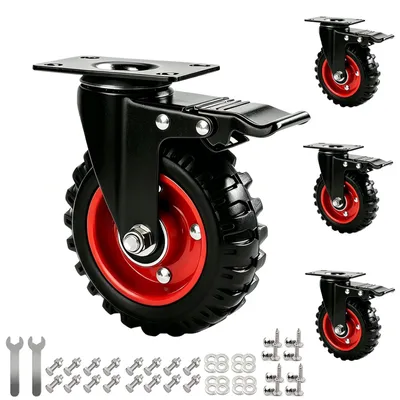4er-Set 125 mm Schwerlastrollen mit Bremse, 600 kg, Gummi, schwarz/rot