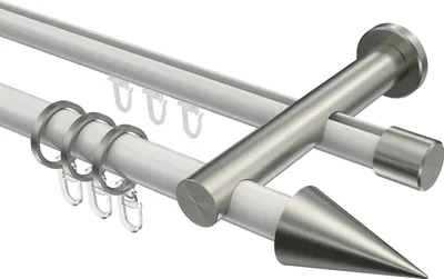 Produktbild von Interdeco Rundrohr-Innenlaufstange / Gardinenstange (Kombination) Weiß / Edelstahl-Optik, Typ Platon Savio (Kegel), 20 mm Ø 2-läufig, 480 cm