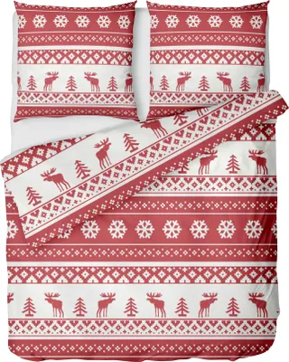 Produktbild von Flanell Bettwäsche 155x220cm 100% Baumwolle Rot Weiß Christmas Muster, Reißverschluss, 80x80cm Kissen, Weihnachtsbettwäsche Winter geeignet