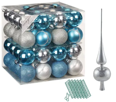 Produktbild von JACK 64x Kunststoff Christbaumkugeln Ø 6cm + Spitze 28cm inkl. Aufhänger Kugeln Türkis-Silber