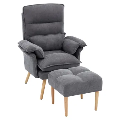 Produktbild von Merax Relaxsessel mit Hocker, 5-fach verstellbarer klassische sessel, Fernsehsessel mit Fußhocker & Kissen, Polstersessel, Leinen, Holzbeine, Grau