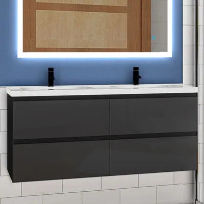 Produktbild von Waschtisch mit Unterschrank 120cm Alast Badmöbel Set Hochglanz Schwarz Waschbecken mit Unterschrank MDF Softclose