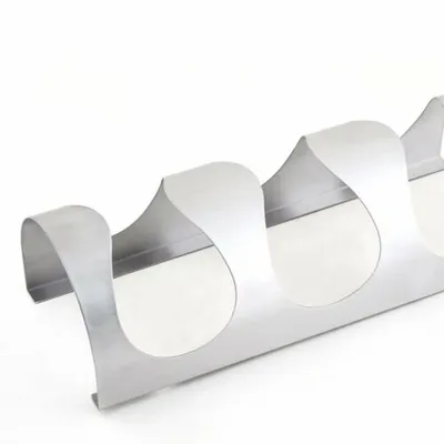 A close-up, studio shot of a silver metal wine rack against a white background.