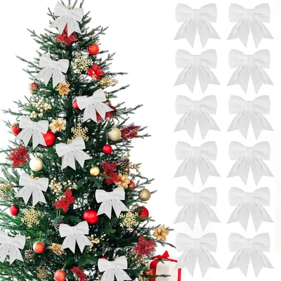 Imagen del producto de 12 lazos navideños - Blancos - 12 x 15 cm - Lazos con brillo - Adornos para el árbol de Navidad - Decoración navideña - Para árbol de Navidad, coronas y regalos