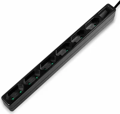 A black power strip with six outlets is shown against a white background.