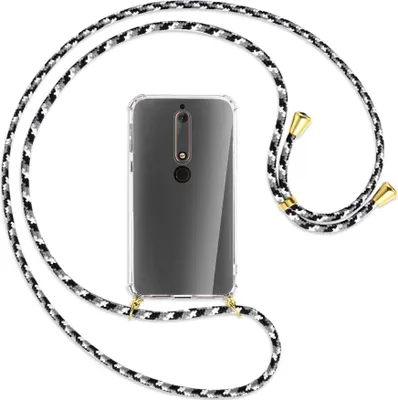Produktbild von Handykette Backcover-Schutzhülle mit Band (Metall goldfarben) für Nokia 6.1 - schwarz/grau/weiß