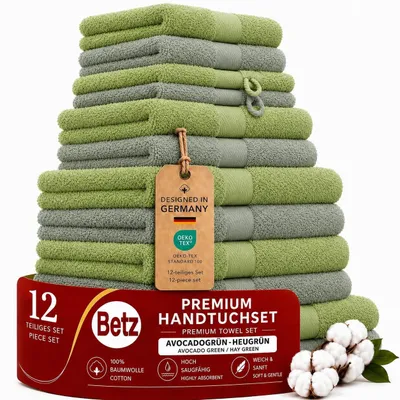 Produktbild von Betz 12-tlg. Handtuch-Set PREMIUM 2 Duschtücher 4 Handtücher 2 Gästetücher 2 Seiftücher 2 Waschhandschuhe Farbe: heugrün / avocadogrün