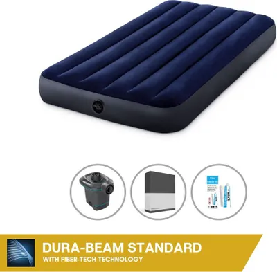 Obrázok produktu pre Nafukovacia posteľ Intex - pre 1 osobu - 99 x 191 x 25 cm - modrá + elektrické čerpadlo Intex - 650 l/min + čierne prestieradlo + opravná súprava