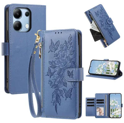 Produktbild von Handyhülle für Xiaomi Redmi Note 13 4G, Wallet Case Kunstleder mit Kartenfächern, Reißverschluss und Handschlaufe Dunkelblau