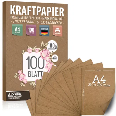 Immagine prodotto di Set di 100 fogli di carta kraft A4 - 180 g - 21 x 29,7 cm - Stile vintage