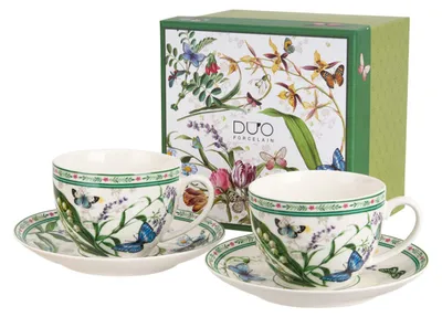 Produktbild von DUO 2er-Set Tassen FLOWER DREAM, 270 ml mit Untertassen, New Bone China Porzellan