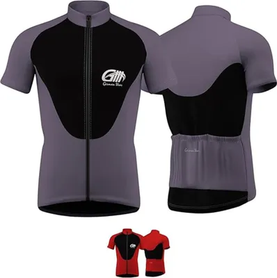 Vorder- und Rückansicht eines grauen Radsporttrikots mit durchgehendem Frontreißverschluss, kurzen Ärmeln und schwarzen Akzenten. Das Design beinhaltet ein „German Wear“-Logo auf der Brust und einen Stehkragen. Hergestellt aus 100 % Elasthan, ist dieses Tr