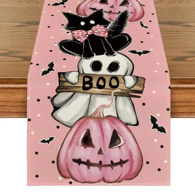 Image de Nappe de table Halloween, motifs fantômes, citrouilles, chauves-souris, chats, 33x180 cm, polyester