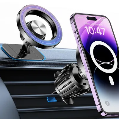Zdjęcie produktu dla Uchwyt do telefonu samochodowy MagSafe, mocny magnes N55, obrotowy o 360°, montaż na kratce wentylacyjnej lub desce rozdzielczej, kolor czarny
