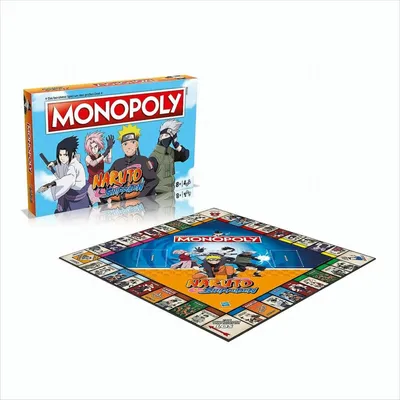 A Monopoly board game box and game board featuring characters from the anime series Naruto Shippuden, displayed on a white background.