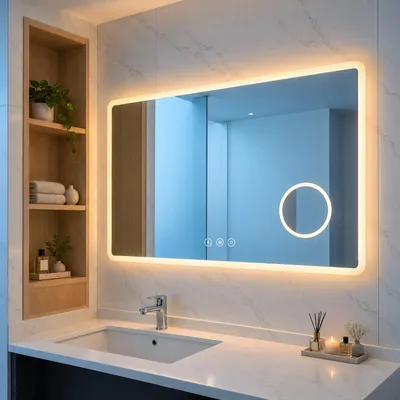Imagen del producto de S'AFIELINA Espejo baño LED con Bluetooth 5.3, 100 × 60 cm, Espejo de aumento 3×, antivaho, 3 colores, regulable, táctil & memoria