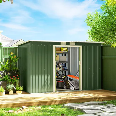 Produktbild von Gerätehaus Metall Pultdach Schiebetür, Geräteschuppen Stahl wetterfest, Gartenschuppen Hellgrün | 280x130x172 cm | 6,3 m³ | verzinktes Stahlblech