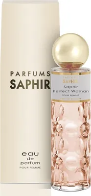A perfume bottle and its packaging are displayed against a white background.