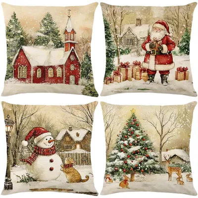 Weihnachts-Kissenbezüge 4er-Set 40x40 cm Rot Leinenoptik