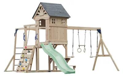 Produktbild von AXI Duncan Spielturm aus Holz mit 2 Schaukeln & Rutsche in Pastellgrün | XXL Spielhaus / Spielplatz für Kinder mit Klettergerüst, Kletterstangen &