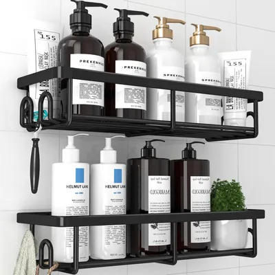 Image de Étagère de douche sans perçage - Étagère de salle de bain en acier inoxydable - À fixer au mur - Noire - Grande
