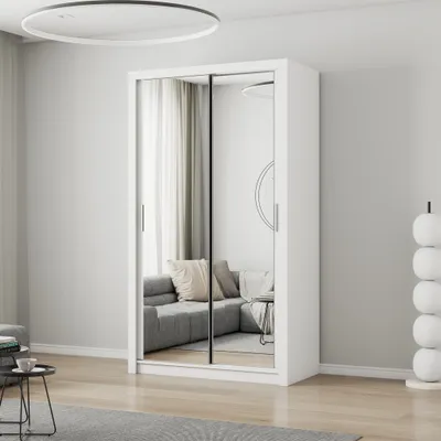 Produktbild von Schwebetürenschrank Kleiderschrank Schrank 120cm Weiß/Weiß mit zwei Spiegeln MILAN