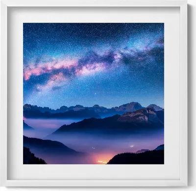Produktbild von Sternenhimmel über den Bergen– Wandbild mit Rahmen – Gerahmtes Bild  – Wanddekoration – 50x50 cm –  Weiß Rahmen