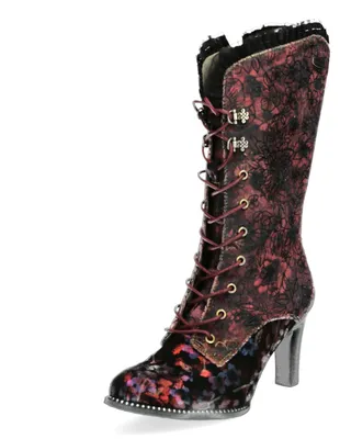 Produktbild von Laura Vita Damen Schnürstiefel mit Blumenmuster und Rüschen Alcbaneo 351, Größe:40 EU, Farbe:Rot