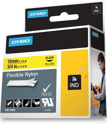 Produktbild von Dymo Rhino Band IND, Nylon 19 mm x 3,5 m schwarz auf gelb