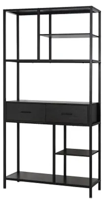 Produktbild von Bücherregal Aufbewahrungsregal - 5-stöckiges Standregal - Metallrahmen + MDF - Mit Schubladen - 90x30x180 cm - Schwarz