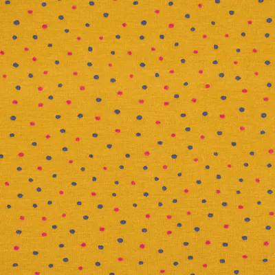 Produktbild von Baumwolljersey Stoff Meterware Punkte Pünktchen ocker pink blau 1,5m