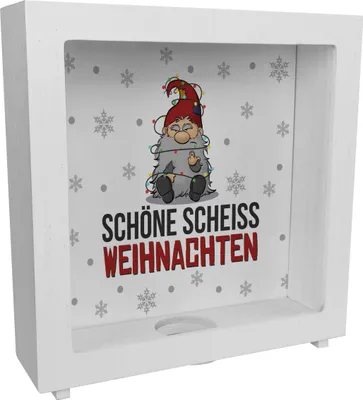 Produktbild von Grimmiger Wichtel Rahmen Spardose aus Holz mit Spruch Schöne scheiß Weihnachten