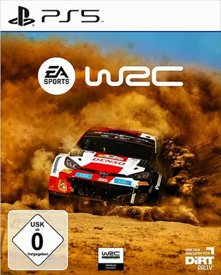 A video game cover for EA Sports WRC on PS5, featuring a rally car kicking up dust.