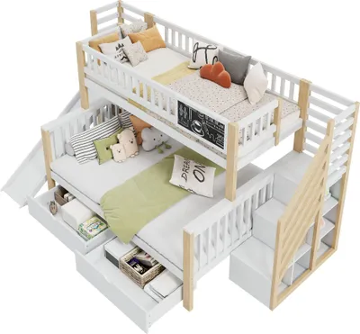 Produktbild von Etagenbett mit 2 Liegeflächen, Rutsche und Lattenrost, 90x200cm/140x200cm, Kinderbett mit Rausfallschutz und Aufbewahrung