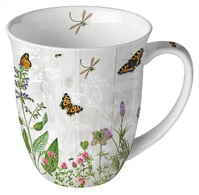 Produktbild von Ambiente Porzellan, Teetasse, Kaffeetasse Becher Mug 0,4l Kräuter Garten, Schmetterlinge , Ø 10cm Höhe 10,5 cm
