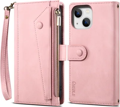 Produktbild von Schutzhülle für iPhone 15 Plus Reißverschluss Hülle, Leder Klapphülle Kartenfach Standfunktion Brieftasche mit Trageband Rosa