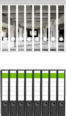 Produktbild von Wallario 8 Stück schmale Ordner inkl. Klebeetiketten mit Motive Alte Industriehalle - einsame Lagerhalle einer Brauerei -  Set mit Rückenschildern / Ordnerrücken Stickern