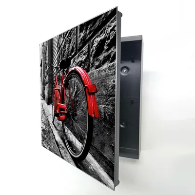 Produktbild von Schlüsselkasten Schwarz Metall, Rotes Fahrrad Motiv hinter Glas, Moderne Schlüsselbox linksöffnend, 32x28x6,5 cm, 20 Haken für Ordnung.