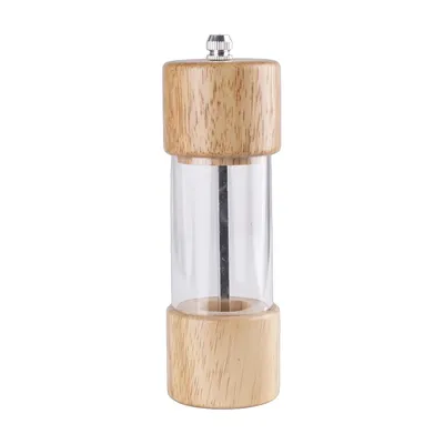 Produktbild von Handmühle für Salz und Pfeffer aus Holz mit transparentem Gewürzbehälter.