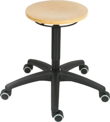 Produktbild von Drehhocker Atlanta | Sitzhöhe 43-62cm | Ø 63cm | Tragfähigkeit 110kg | Holz-Buche | Kunststof-Fußkreuz mit Rollen | Ringauslösung | Buche