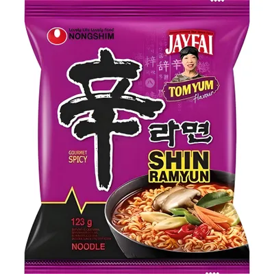 A package of Nongshim Shin Ramyun Tom Yum flavor instant noodles.