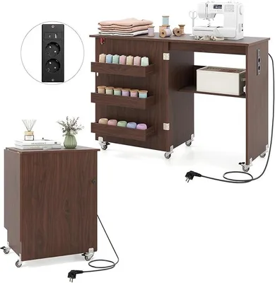 Image de Table de chevet avec station de charge, table à coudre pliante, armoire de couture sur roulettes, meuble de rangement en bois pour machine à coudre, table de couture pour machine à coudre, table multifonctionnelle 116 x 41 x 78 cm (marron foncé)