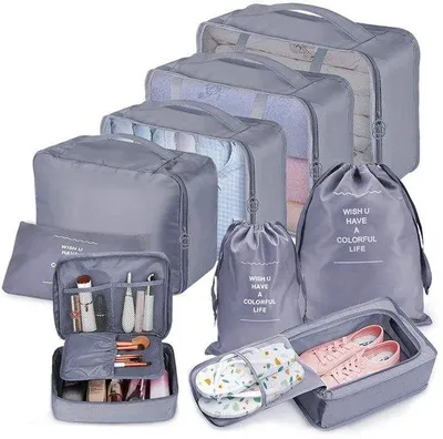 Obrázek produktu pro Ibenzoa® cestovní organizér – sada 9 kusů: obal na oblečení, cestovní toaletní taška a obal na boty, vyrobené z nylonu, voděodolné, s prodyšnou síťovinou a dvojitým zipem