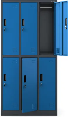 A metal locker unit with six compartments, some of which are open.