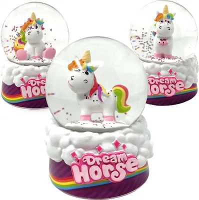 Produktbild von Schneekugel Einhorn mit Glitzer - Hochwertige Schüttelkugel aus Glas | Dekofigur Unicorn in 3 Varianten [Eine via zufällige Auswahl] | Deko Dream Horse Kugel Höhe 9 cm [1 Stück]