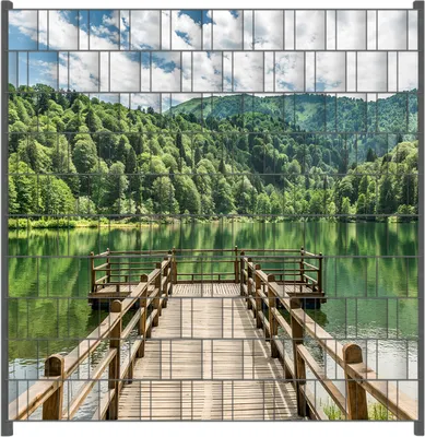 Produktbild von Wallario Zaunsichtschutz mit Motiv Steg am See in den Bergen für Ein- und Doppelstabmatten Zäune in der Größe 200 x 200 cm