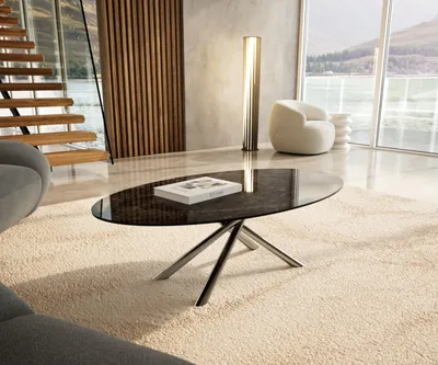 Produktbild von DELIFE Couchtisch Edge Oval 140x80 cm Keramik Emperador Extra Lucidato Dunkelbraun Sarity Edelstahl gebürstet