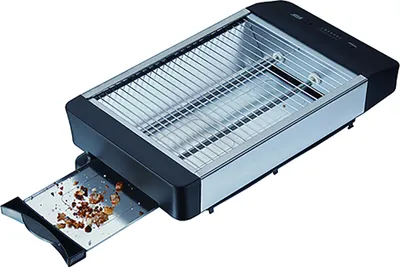 A toaster with its crumb tray pulled out, showing crumbs.