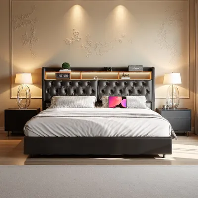Zdjęcie produktu dla Łóżko dwuosobowe 180x200 cm z czarnegopoliuretan z wysuwanym pojemnikiem, zagłówkiem LED, praktycznym schowkiem i zintegrowanymi portami USB UE