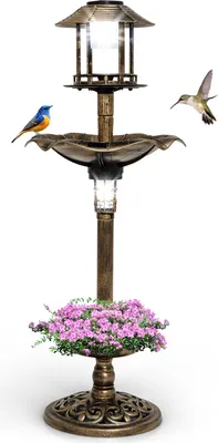 Image de COSTWAY Mangeoire pour oiseaux Ø43x110cm avec lampe solaire & support remplissable, mangeoire pour oiseaux, mangeoire rétro, distributeur de nourriture, bronze